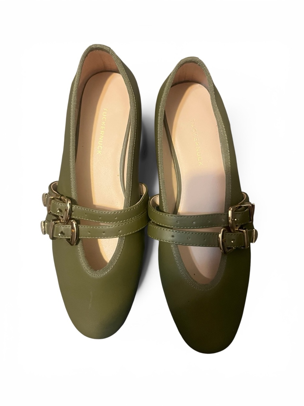 Olive Leather Buckle Nina Flats - Picture 4 of 6